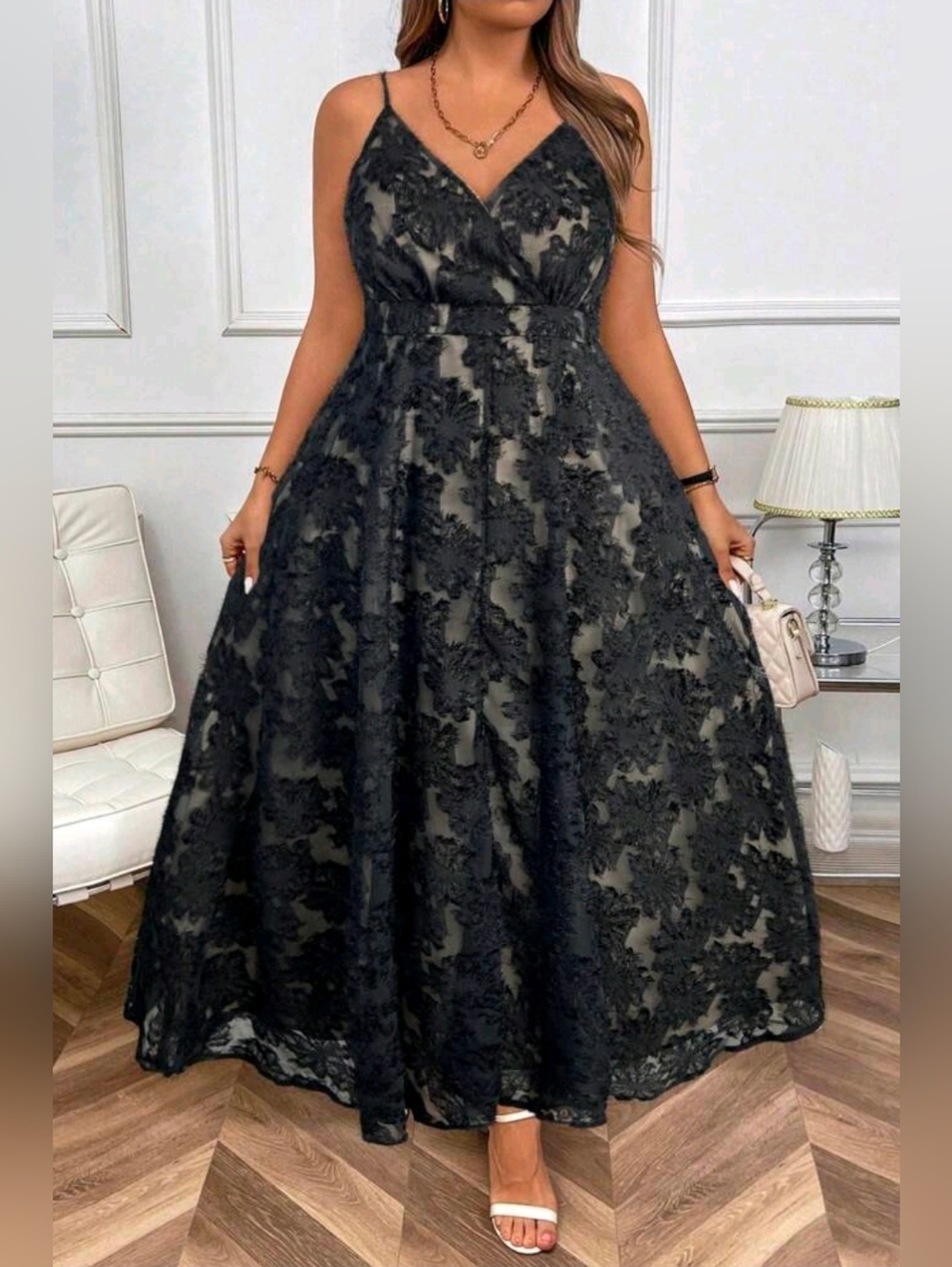 New Textured Floral Jacquard Wrap Top Maxi Cami Dress PLUS Black - Picture 2 of 11